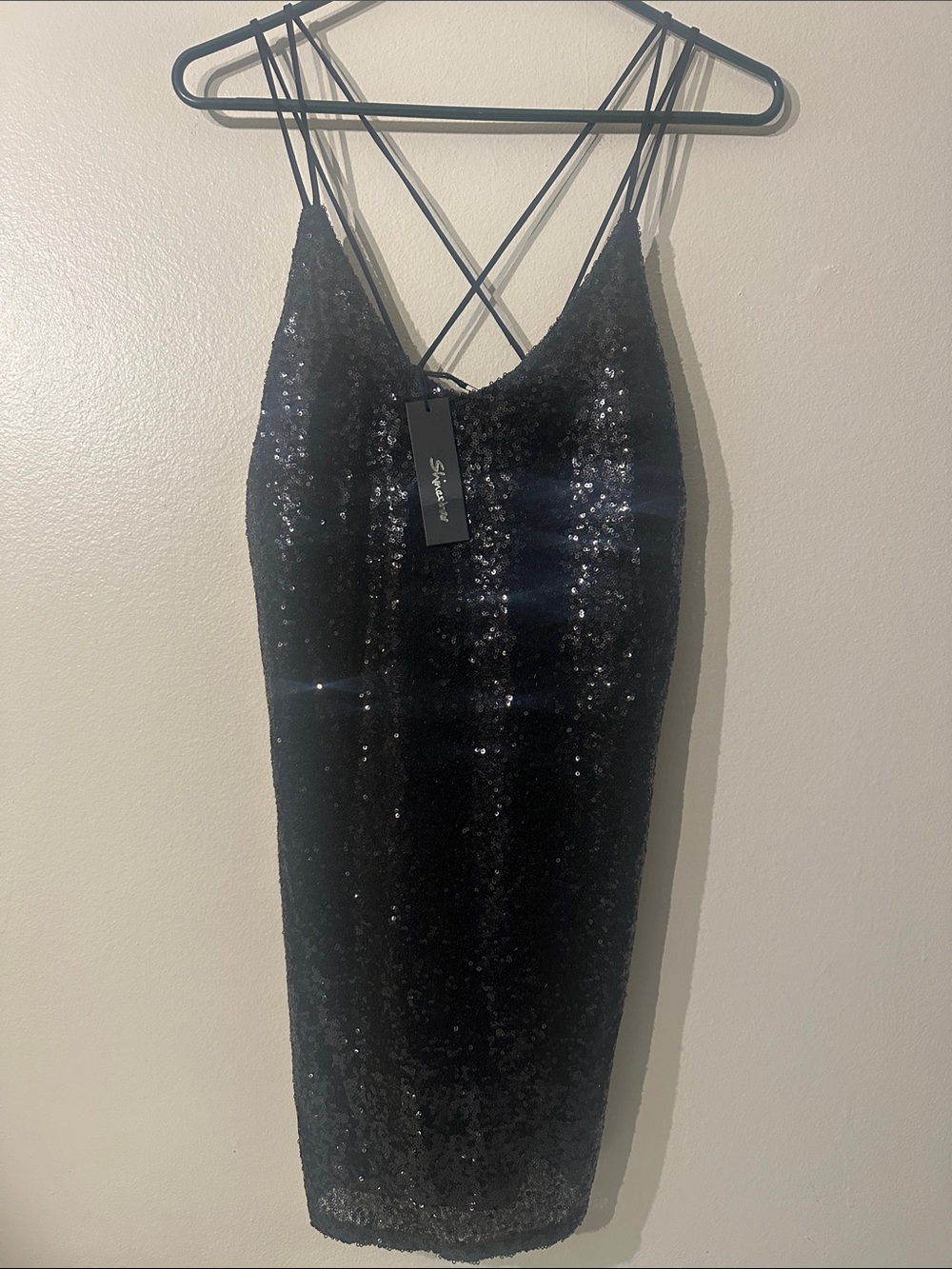Shine star Black Sequin Midi Slip Dress with Crisscross Straps Sz L